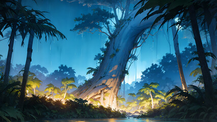Ancient tree anime wallpaper in a fairy rain forest