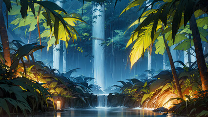Small stream anime wallpaper inside the peaceful rainforest 