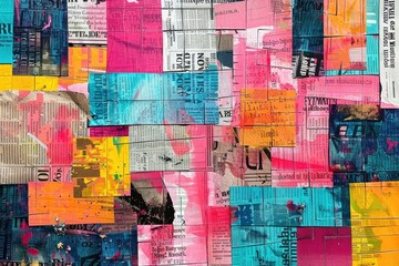 Tcolorful collage made out of newspaper clippings.