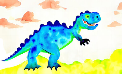 Watercolor painting of a happy cheerful dinosaur, bursting with bright colors and playful strokes, exuding a sense of joy and childlike wonder.
