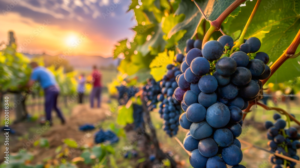 Poster Vineyards with grapevine, bunches of grapes Hanging vine plant.