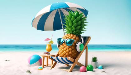 Pineapple wearing cool sunglasses is sitting in a beach chair under a beach umbrella on a white sandy beach, 