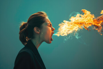 portrait of young beautiful woman spitting fire