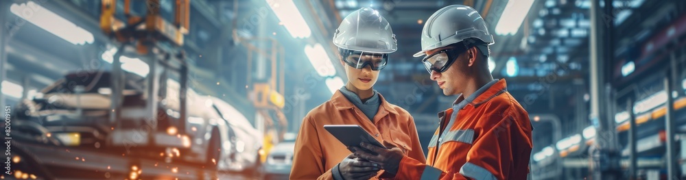 Poster engineers collaborate in a cuttingedge automated factory, focusing on safety with advanced helmets a