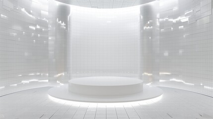 A radiant white  podium set against a background, adorned with elegant ribbon elements and highlighted by dynamic neon lighting, enhanced by a subtle bokeh