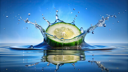 A cucumber slice making a splash as it hits the water, with the clear blue sky reflected in the ripples 