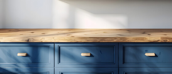 Close-up of blue kitchen cabinets and wooden countertop illuminated by natural sunlight