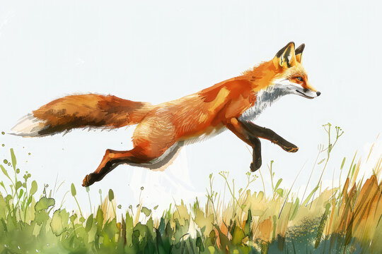 jumping fox outdoors, in style of an aquarelle