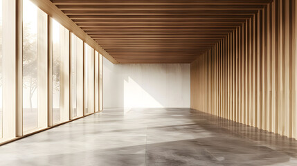 An elegant hallway featuring vertical wood panels, large windows, and a sunlit floor, invoking a sense of calm and simplicity