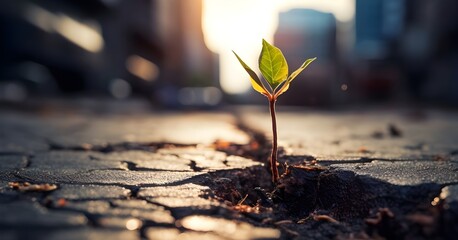 The ordinary in the extraordinary: a green growing plant sprouts through rough asphalt, reminding us of nature's strength and adaptability.