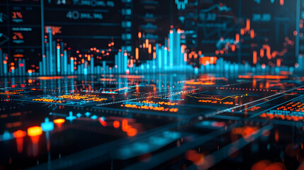 Obraz premium An advanced financial dashboard that shows computerized charts of the stock market and several investment graphs Global financial markets are digitally represented in the background. Vibrance