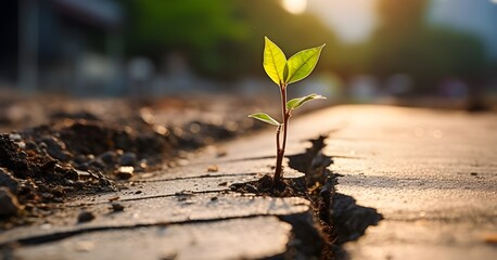 Life in an unexpected place: a green shoot sprouts through the asphalt, as if symbolizing will and endurance.
