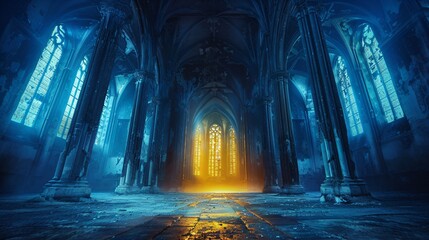 mystical gothic cathedral, weathered ruin of a medieval illuminated church at night