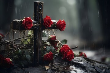 Eternal memory: a bouquet of red roses lay on the grave under the cross, against the background of washed away rain.