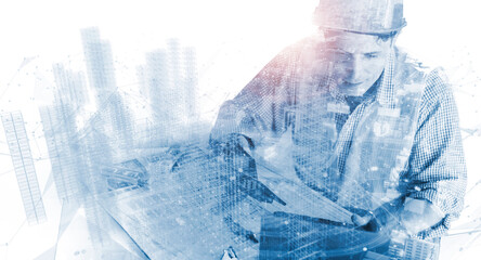 Engineering worker industry double exposure city, computer laptop technology concept, communication...