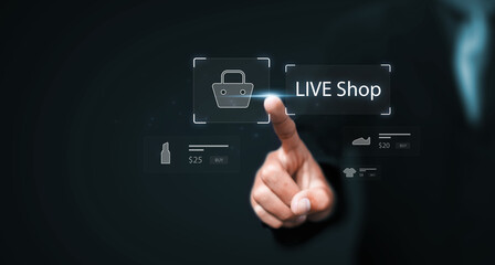 Live broadcast business online ecommerce store selling products live on social platforms or an ecommerce store. With graphics icon businessman planning strategy  background.