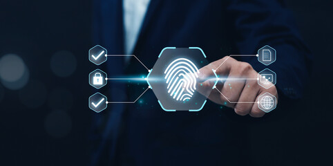 Digital Internet Security and Verification of Business Person Using Fingerprint to Verify Identity for System Access Online Account and Personal Information Data Safety with Graphical Display.