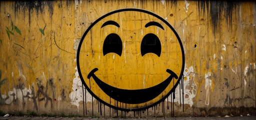  Yellow smiley face painted on an old wall in graffiti style