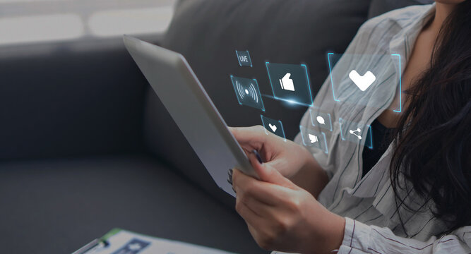 Content creator using Live Streaming platform for business promotion with social media engagement concept, with laptop live broadcasting occupation and creative ideas online digital internet.