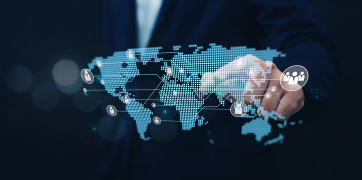 Digital Communication and Collaboration with Business People Exchanging Information Data online meeting working together in a team around the world. Businessman interaction with Holographic Icons.