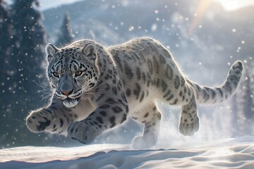 Naklejka premium A snow leopard running through the snow in its mountain habitat. Horizontal. Space for copy.