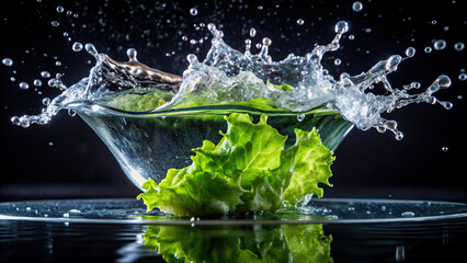 Close-up shot of a lettuce leaf plunging into water, creating a splash with water droplets suspended in the air against a dark background