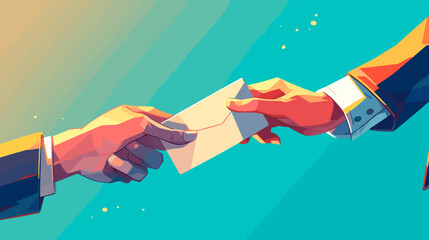 A hand passing an envelope to another hand. The envelope is white. 