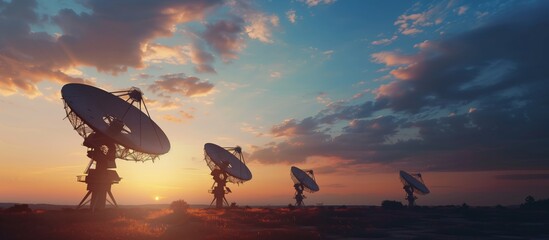Satellite dishes stand out in the stunning sunset, symbolizing modern communication technology and the advancement of industrial networks, signifying connectivity in the digital age