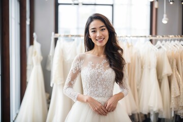 Naklejka premium A smiling woman in a bridal shop, wearing a lace wedding dress, standing in front of a row of white wedding gowns.