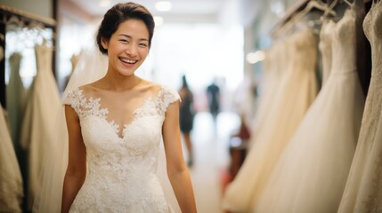 Fototapeta premium A smiling bride in a white lace wedding dress is standing in a bridal boutique, surrounded by various wedding gowns.