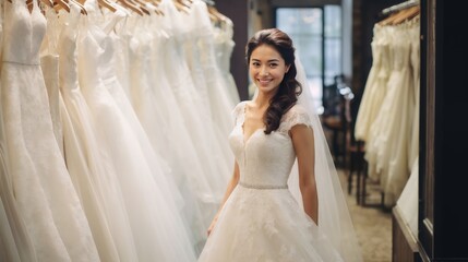 Fototapeta premium A bride stands smiling in a bridal shop, surrounded by a collection of elegant white wedding dresses.