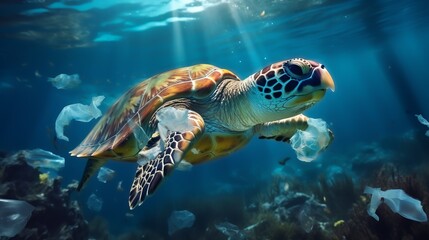 Obraz premium An underwater scene featuring a sea turtle swimming amidst plastic debris, highlighting ocean pollution and its impact on marine life.
