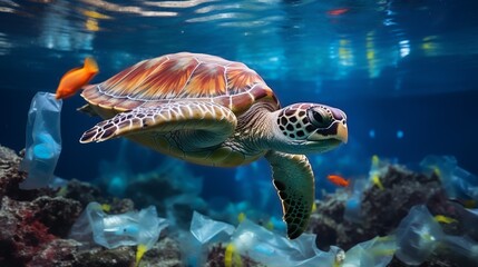 A sea turtle swimming underwater, surrounded by colorful fish and plastic debris.