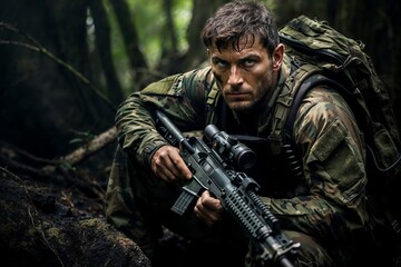 Fototapeta premium A man in camouflage gear and a tactical vest holds a rifle while crouching in a dense forest, looking intensely ahead.