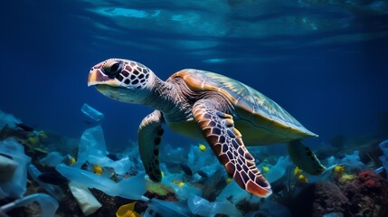 Fototapeta premium A sea turtle swims through polluted waters filled with plastic debris and other waste, highlighting the environmental impact on marine life.