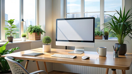A simple office setup with a blank computer screen, suitable for various uses