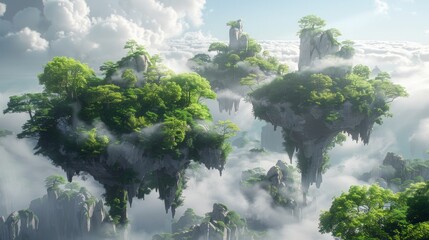 Floating islands with lush greenery and misty clouds, creating a serene and fantastical landscape.