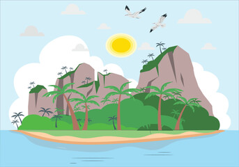 Cartoon tropical island with palm trees. mountains, blue ocean, flowers and vines. Summer Vacation Tropical Ocean Island Flat Vector Illustration
