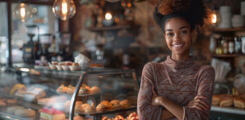 Fototapeta premium Smiling Woman at Cozy Cafe
