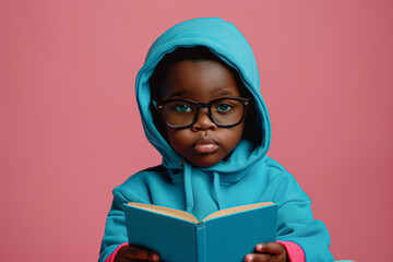 a child in a blue hoodie, wearing oversized glasses, engrossed in a turquoise-covered book, set against a plain pink background
