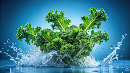 A bunch of vibrant green kale leaves dropped into water, causing a splash against a soothing blue background, symbolizing health and vitality