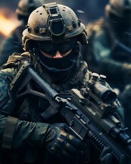 Obraz premium Armed soldier in tactical gear holding a rifle, wearing a helmet and goggles, appears focused in a combat-ready stance.