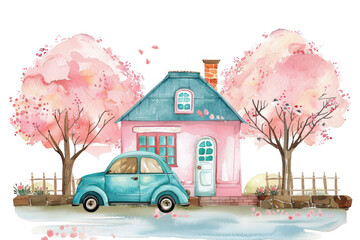 Hand drawn illustration of house and car in sketch style. 3d illustration.