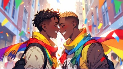 Two gay boys wearing rainbow pride style scarf, smiling joyfully, pride celebration, Anime style illustration, anime background, manga, vibrant, cartoon vector art