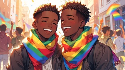 Obraz premium Two gay boys wearing rainbow pride style scarf, smiling joyfully, pride celebration, Anime style illustration, anime background, manga, vibrant, cartoon vector art