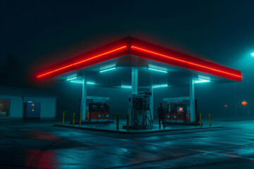 Fototapeta premium A gas station with neon lights and a person standing in front of it