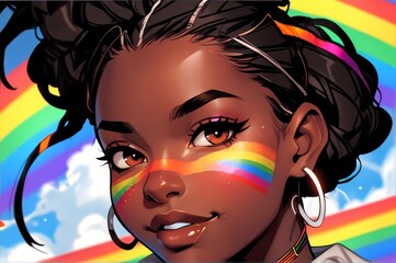 An African woman with rainbow pride themed makeup on face, cheeks painted, pride celebration, Anime style illustration, anime background, manga, vibrant, cartoon vector art
