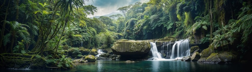 Fototapeta premium Serene jungle scene with dense green foliage, a pristine waterfall cascading into a tranquil pool, surrounded by moss-covered rocks and a lush forest canopy.
