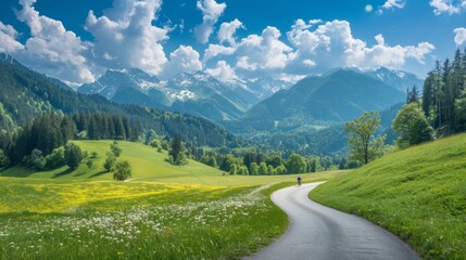 Panoramic Views of Countryside Landscape with Bicycles and Mountain Scenery