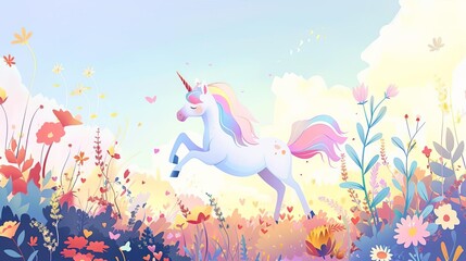 Craft a side view cartoon illustration of a whimsical unicorn frolicking in a meadow under a pastel sky, with vibrant flowers blooming around